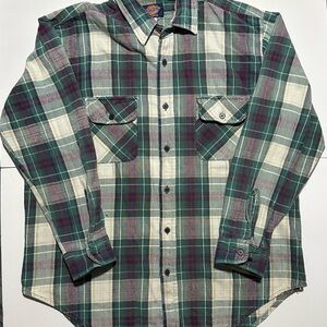 Vintage Dickies Flannel Plaid Button-Up Shirt Green Cream Purple Men's XL